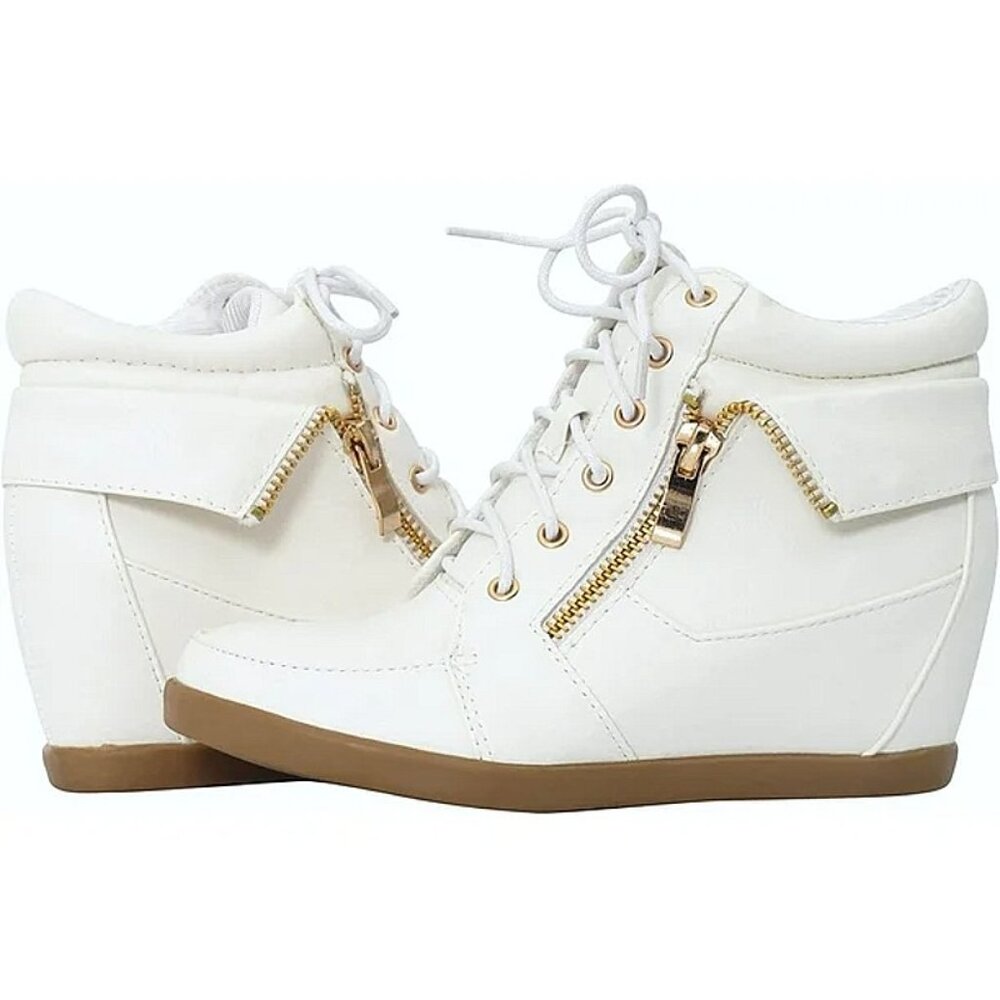 🤍 Girls White Leatherette Wedge Sneakers | Side Zip Lace-Up Hidden Heel Shoes